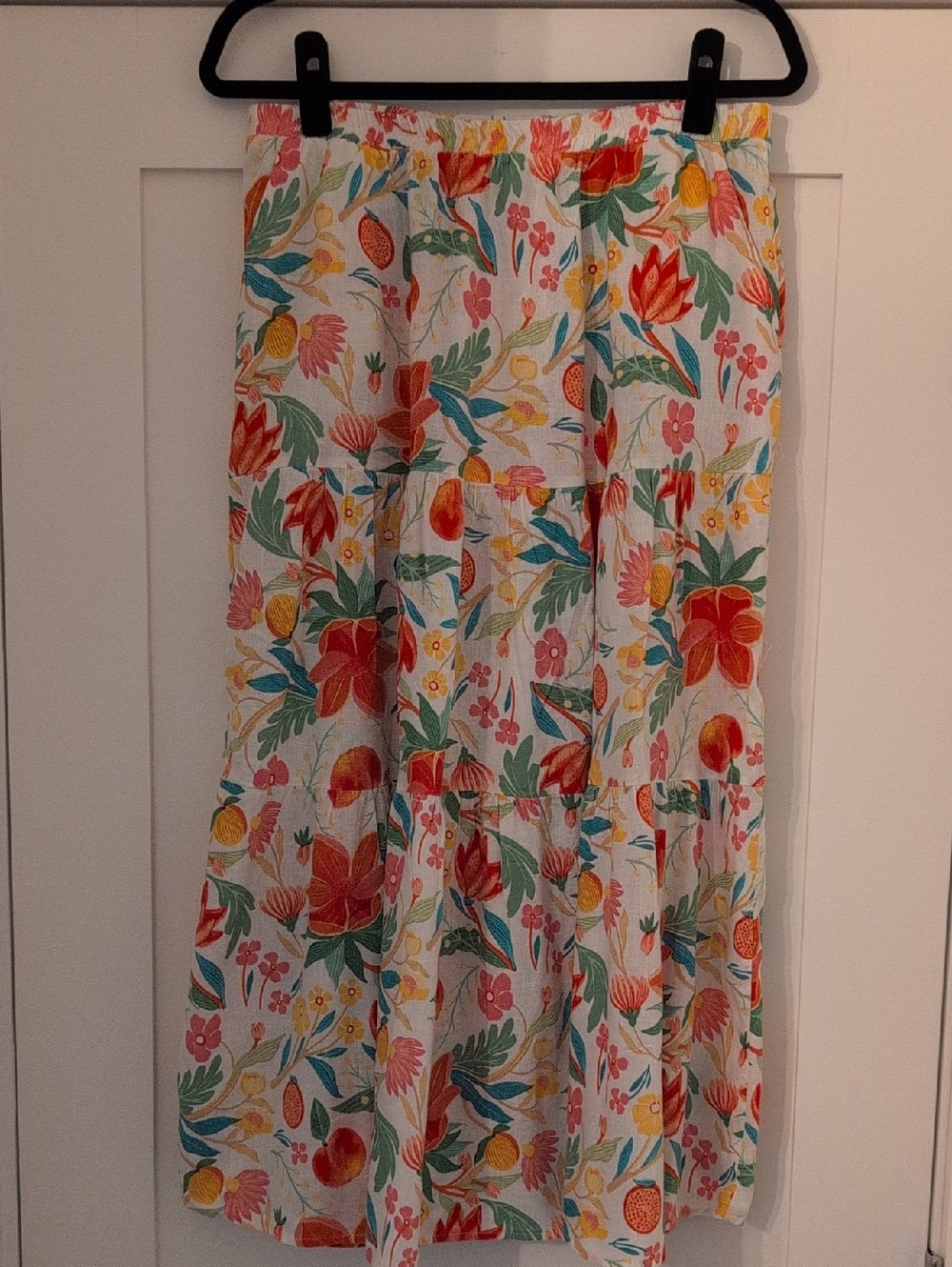 C&C California White Floral Tiered Skirt with Orange, Green & Teal Accents